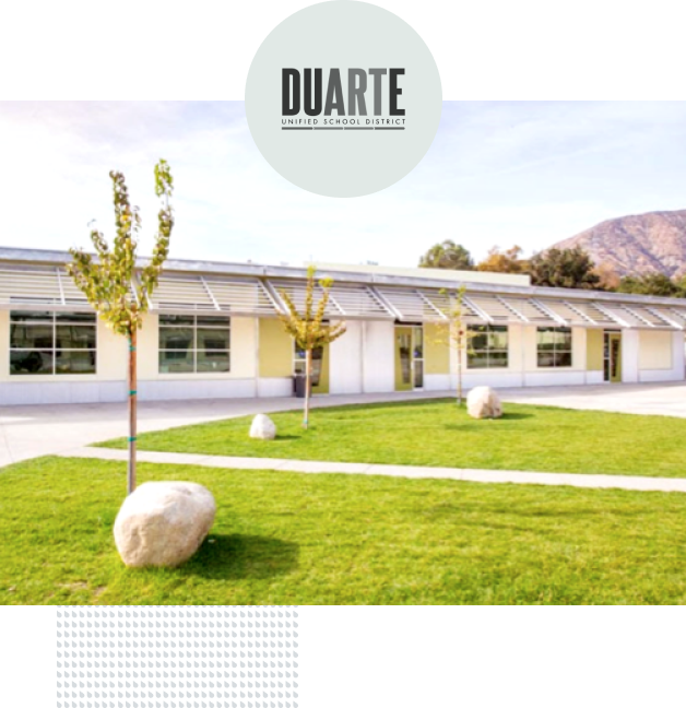 Duarte logo over photo of school