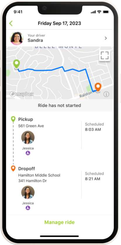 Mobile phone screen showing the map view of a student's ride with Pickup and Dropoff points and times onscreen